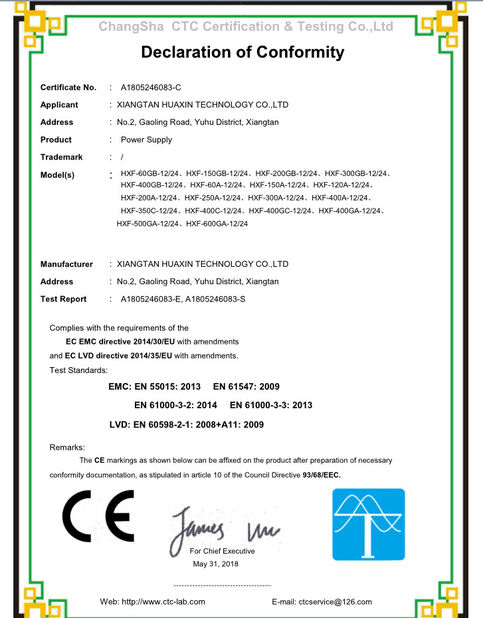 चीन Hunan Huaxin Electronic Technology Co., Ltd. प्रमाणपत्र